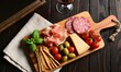 © febrina - Italian Antipasto Selection on Wooden Board with Basil, Cured Meats, Cheese, and Wine Glass Styled on Rustic Background