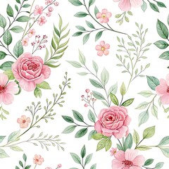  Pink and Green Provence Style Seamless Floral Watercolor
