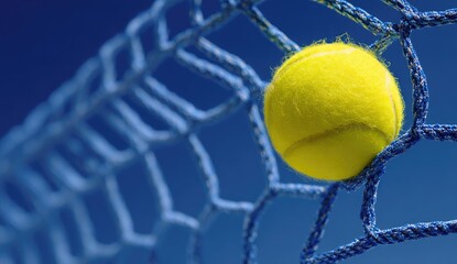 Close-up of a bright yellow tennis ball nestled within a blue net against a vibrant blue sky