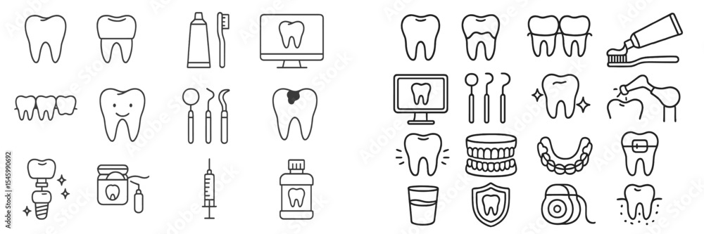 Dental care icons illustrating oral hygiene tools, treatments, and ...