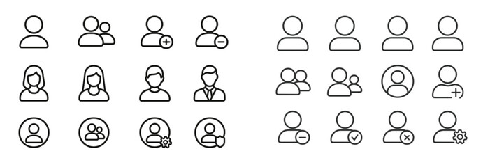 Collection of simple line icons representing various social interactions, relationships, and user profiles designed for digital applications