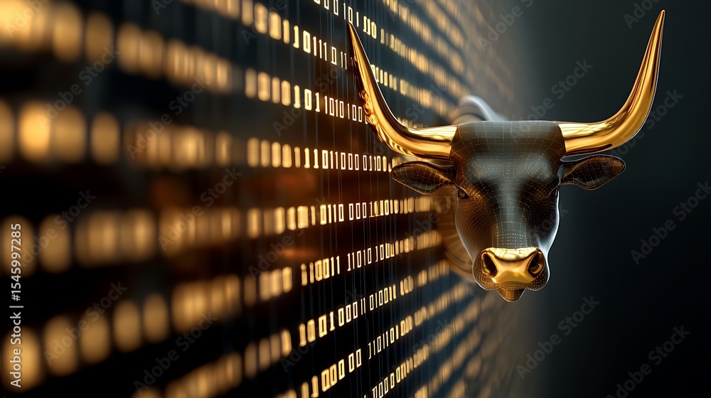 Gold horned bull head against binary code background Digital art ...