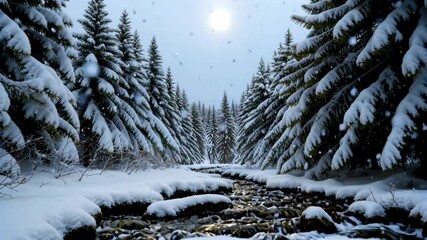 Wall Mural - snowy trees and a stream in a forest with snow on the ground