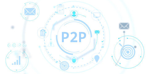 Wall Mural - abstract p2p interface with circular infographic icons in light blue, futuristic translucent style o