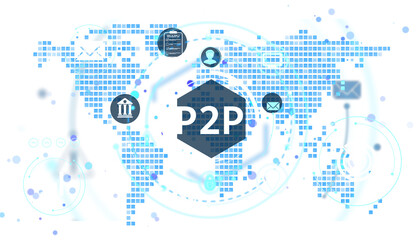 Wall Mural - p2p technology symbols, user icons, bank, and email over a digital world map in blue pixel style on 