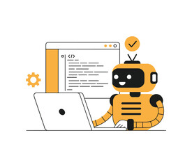 robot programmer with laptop and code on screen
