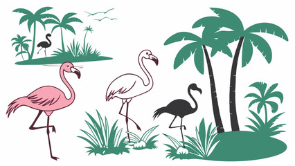 Naklejka na meble Illustration of flamingos in a tropical setting with palm trees and birds in the background design art