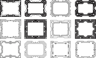 Collection of futuristic circuit board frames in various shapes and styles for design projects