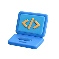 3d render of blue laptop with orange code icon glowing on dark background