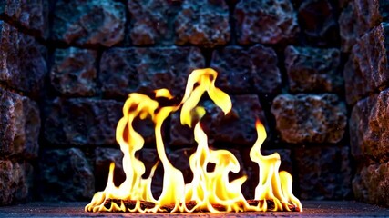 Wall Mural - flames are burning in a fireplace with a stone wall in the background