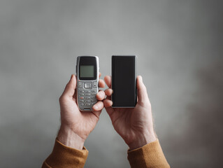 hands holding old phone and new smartphone. evolution, technology concept. great for technology, pro