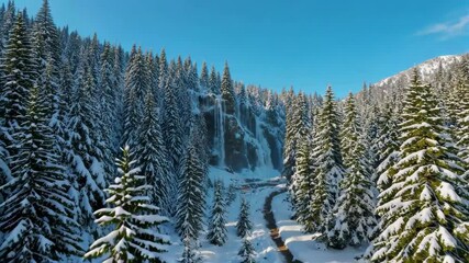 Wall Mural - there is a snow covered forest with a stream running through it