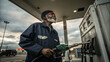 © Оксана Матросова Мат - Elderly man refueling a car at a gas station under cloudy skies