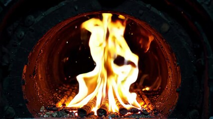Wall Mural - flames are burning in a large metal oven with rocks