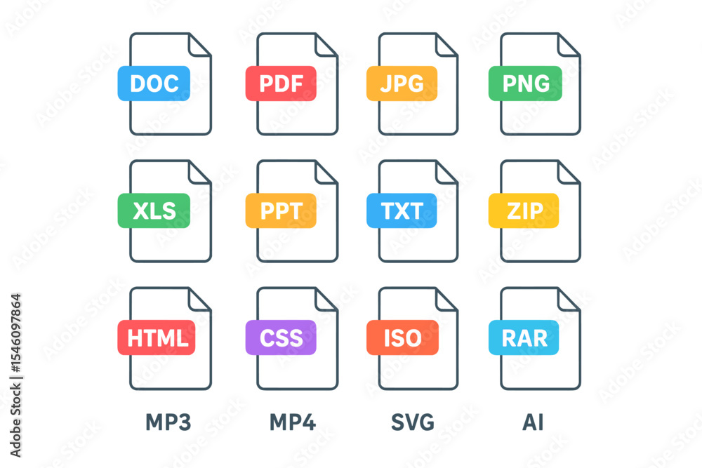 Icons representing various file types and formats are depicted in a ...
