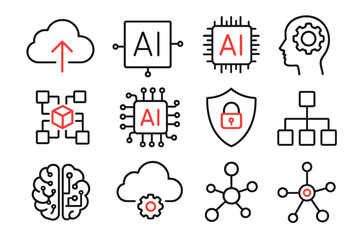 Vector illustration of cloud computing and AI technology featuring a thin line red black icons set with abstract symbols for , programming, blockchain, and cyber security in a simple design