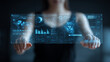© Yaroslav Stepannikov - Female entrepreneur holding transparent holographic dashboard, finance data visualization, digital AI assistant, blue glow, futuristic office interior, minimal background, copy spa