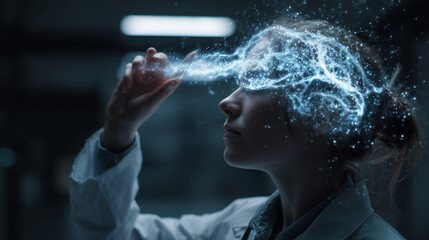 data scientist analyzing floating ai holographic interface, neural network visualization, glowing li