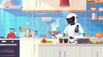 Close-up of a cooking robot in a modern kitchen, using AI-powered arms to stir, fry, and season ingredients in a pan, with a digital display showing recipes and cooking times, demonstrating automated 