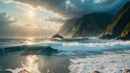 Wall Mural - a sunny day with the sun shining through the clouds and reflecting off the ocean