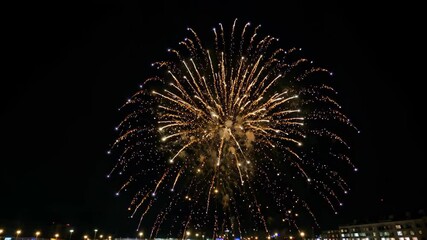 Wall Mural - fireworks in the night sky above a city with a boat in the water