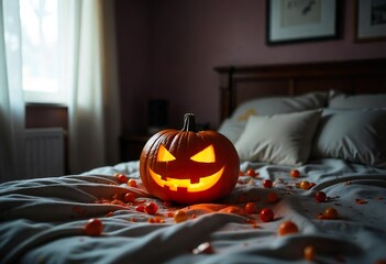 Wall Mural - A dimly lit bedroom on Halloween night, close-up of a carved pumpkin on a bed, flickering candlelight casting eerie shadows, autumn leaves scattered around.