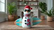 © Nataliia_Trushchenko - Snowman wearing sunglasses and a red hat is holding a surfboard. The scene is set in a room with a rug and potted plants
