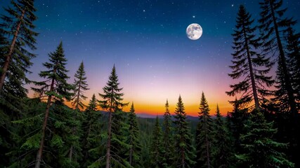 Wall Mural - a view of a full moon rising over a forest with pine trees