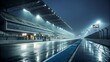 © Designer - Empty race track under the rain at night with stadium seating