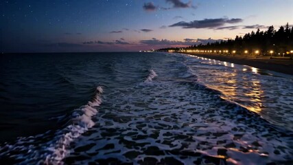 Wall Mural - night time view of a beach with a lot of water and lights