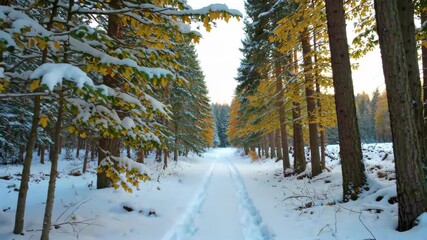 Wall Mural - a view of a snow covered path through a forest with trees