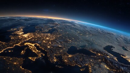 Wall Mural - Planet earth viewed from space with city lights in europe, world with sunrise