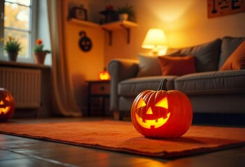 Wall Mural - A close-up of a glowing pumpkin placed in a living room at night, on a wooden table, Halloween decor.