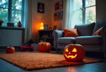 Wall Mural - A close-up of a glowing pumpkin placed in a living room at night, on a wooden table, Halloween decor.