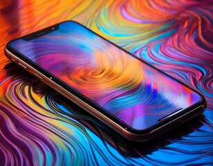 Wall Mural - a smartphone rests on a vibrant iridescent surface reflecting colorful swirling patterns