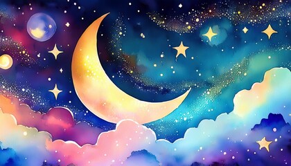 Wall Mural - galaxy crescent moon night sky watercolor art mystical design background for dreams