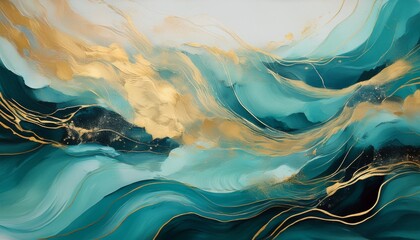 Wall Mural - abstract seascape painting with teal and gold accents depicting a tranquil ocean under a dramatic sky