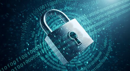 cybersecurity concept: padlock floating on binary code matrix