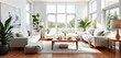 © Ampere - Bright, airy living room White sofa, natural wood coffee table, large windows,  simple,   living space