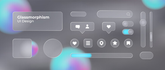 Wall Mural - glassmorphism ui. user interface elements for mobile app. glass texture icons set. vector. simple mo