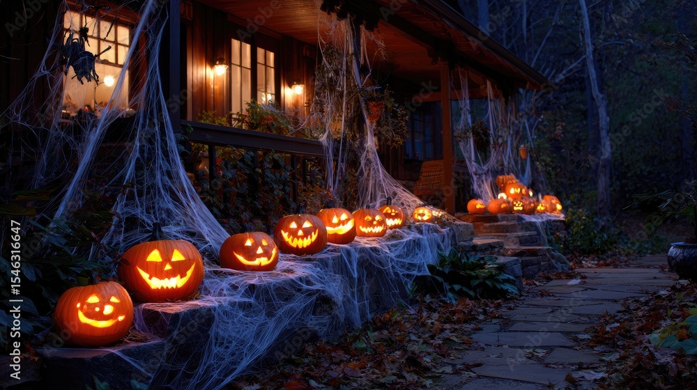 Stock-Illustration „Row of jack-o'-lanterns glowing at night on a porch ...