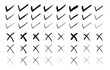 © MDneamul - Check marks doodle set. Vote, yes, no, checkbox, checklist, tick and cross signs. Check tick mark icon set. Hand drawn doodle sketch style vector illustration