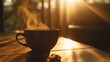 © Asraf - Warm Coffee Cup with Steam on Table in Morning Light with Nature Background