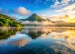 © Songkran - Serene view of Lac Dziani at sunrise with mist rising from the water surface and surrounding volcanic mountains in Mayotte island