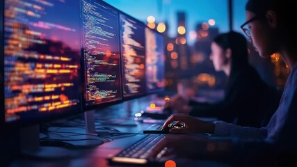 Programmer coding software multiple computer screens with keyboard modern technology developer workspace focused coding and software development night
