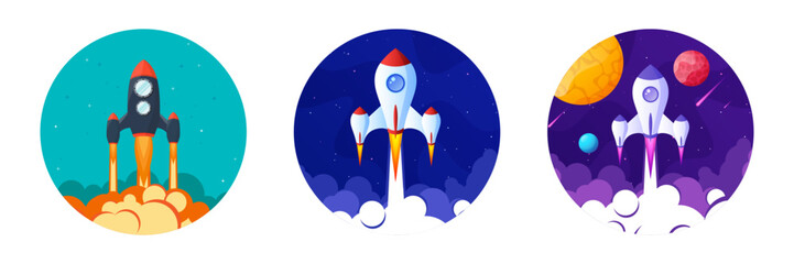 Wall Mural - Rocket launch, space futuristic colorful background with planets and stars. Cartoon starship, spaceship in night sky. Solar system, galaxy and universe exploration. Vector illustration