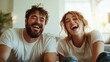 © Larisa AI - A joyful couple enjoying a moment of laughter, embodying happiness and togetherness in a cozy home setting with natural light highlighting their candid expressions.
