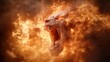© Larisa AI - An explosive depiction of a fierce lion's face surrounded by flames and smoke, symbolizing raw power and the untamed spirit of nature in a surreal cosmic environment.