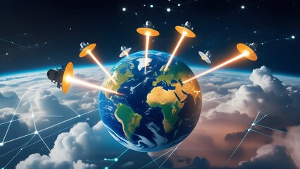Wall Mural - Futuristic isometric illustration of Earth with multiple satellites orbiting, each sending glowing data beams to different continents. Background includes stars and cloud networks, designed for space 