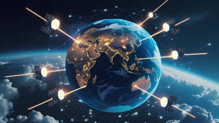 Wall Mural - Futuristic isometric illustration of Earth with multiple satellites orbiting, each sending glowing data beams to different continents. Background includes stars and cloud networks, designed for space 